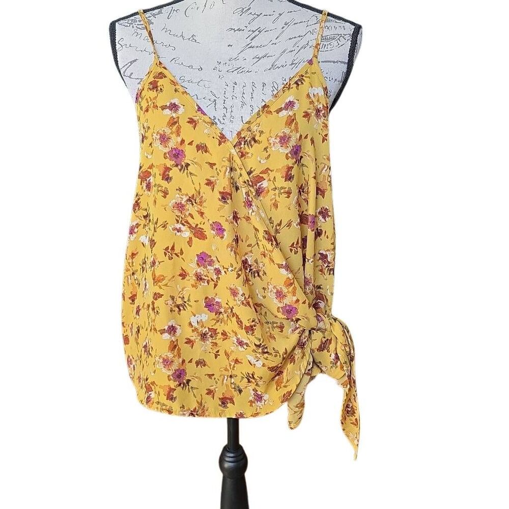 Papermoon Women's Size Large Goldenrod Burgundy Floral Surplice Tank Top